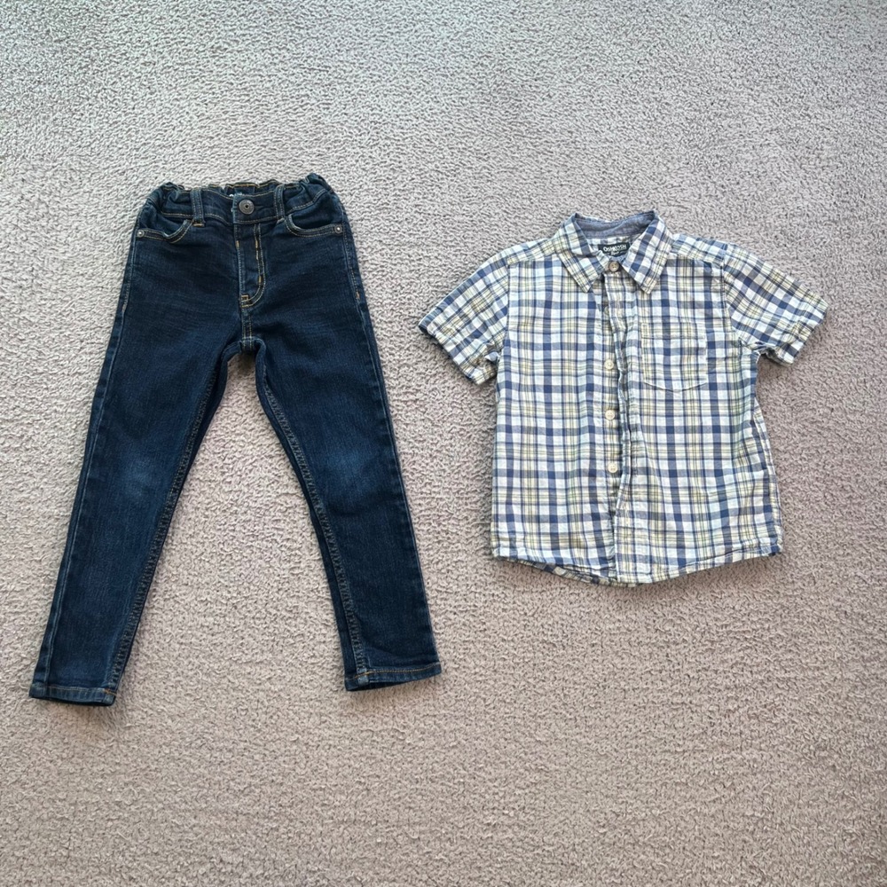OshKosh Bgosh Toddler Boys 4T Plaid Shirt & Dark Wash Skinny Jeans Outfit Set